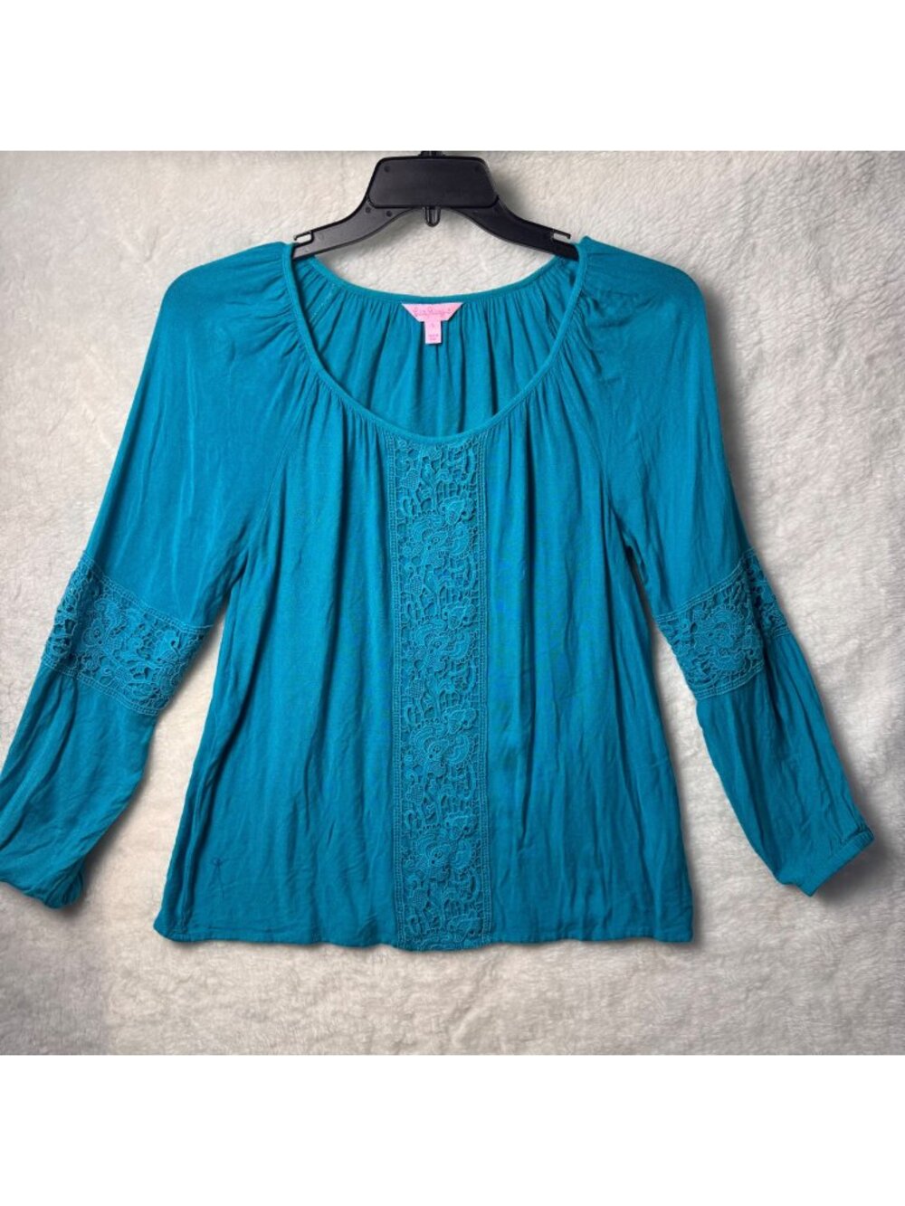 Lilly Pulitzer Briony Boho Peasant small blue Top 100% viscose crocheted inserts